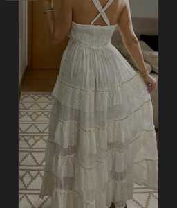 Women's White Cotton One Piece Maxi Dress <b>With</b> Lace <b>Trim</b> Spaghetti Straps & Tiered Design Eco-Friendly Boho Fit Flare Style - Product Image 2