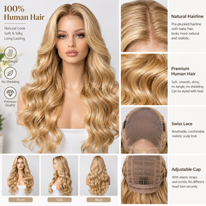 Perruque 100% Cheveux Humains Longue Ondulée avec Dentelle Frontale, Ligne de Cheveux Naturelle, Dentelle Suisse, Bonnet Ajustable pour Usage Quotidien - Product Image 1