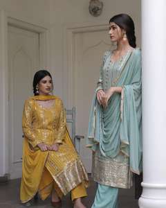 Costume de créateur Salwar Kameez tripal sequunce, vêtements indiens de travail et dupata, filet en soie, vêtements pour femmes - Product Image 2