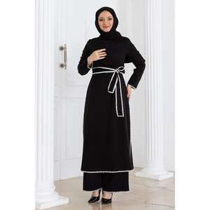 Conjunto de 2 piezas de cinturón casual negro con costuras estilo pastor, 100% poliéster, ajuste regular, MSW19365-1, largo midi - Product Image 1