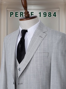 Costume d'affaires marron à fines rayures pour homme, croisé, col mandarin, en mélange viscose et polyester, infroissable, grandes tailles, avec gilet - Product Image 6