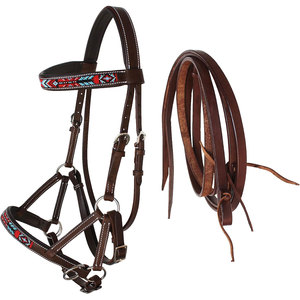 Bride perlée en cuir de cheval de qualité supérieure Muserolé rembourré doux Rênes assorties Culottes Western Natural Horsemanship Bridle for Trail - Product Image 1