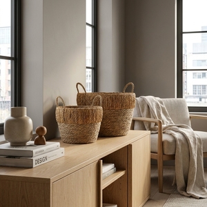 Ensemble de paniers en jonc de mer naturel et écorce de bananier avec cadre en fer, bord festonné, poignée arquée, pour bols, pots et jardinières, décoration artistique pure pour la maison - Product Image 6