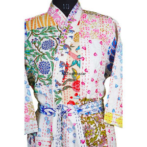 Indian Floral Print 100% Cotton Digital Printed <b>Women's</b> Full-Length V-Neck <b>Belt</b> Kimono Three-Quarter Sleeves Quick Dry - Product Image 4