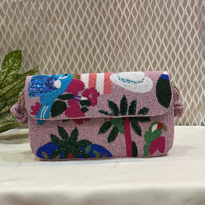 <b>pink</b> beaded tropical bird clutch bag Indian fully handcrafted women evening party handbag designer wedding luxury purse handmade - Product Image 1