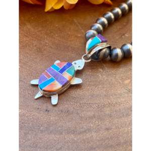 Merle House Turtle Pendant Multi-Stone & Sterling Silver Inlay Featuring Animal Shape & Pattern - Product Image 4