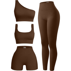 Ensemble de 4 pièces pour femmes, vêtements en gros, exercice côtelé, col rond, soutien-gorge de sport, haut à une épaule, taille haute, short, Leggings, ensemble actif - Product Image 5
