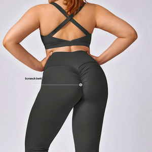 High Waist Full Length Leggings 2 Piece Yoga Set Seamless Lightweight Ribbed Solid Black Crop <b>Top</b> Racerback Square Neck All Day - Product Image 2