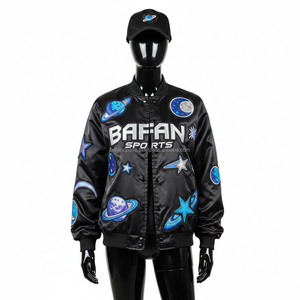 Veste bomber en satin de luxe pour femmes, thème spatial noir, broderie sur le panneau avant, panneaux avec logo personnalisé, veste en satin pour femmes - Product Image 6