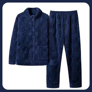 Automne hiver hommes pyjamas costumes solide ananas à carreaux imprimé corail velours manteau et pantalon 2 pièces ensemble flanelle maison vêtements - Product Image 3