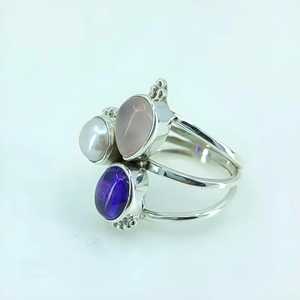 Navya Craft Handmade 925 Sterling Silver Boho <b>Statement</b> <b>Ring</b> Triple Gemstone Amethyst Rose Quartz Pearl Custom Size 4 Gift - Product Image 3
