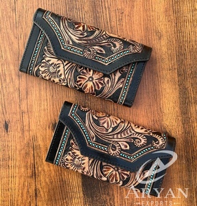 Cartera de cuero con herramientas negras occidentales para mujer, cartera de mano de cuero genuino de alta calidad, cartera grande de cuero de vaca, regalos para vaquera - Product Image 1