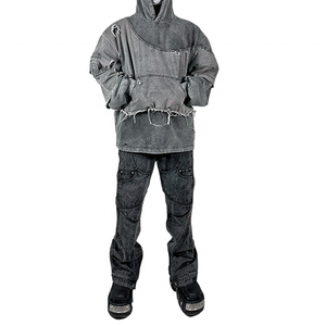 Custom Streetwear Ripped Hoondies Hombres Stone Acid Wash Doble capa Raw Hem Sudadera con capucha desgastada - Product Image 5