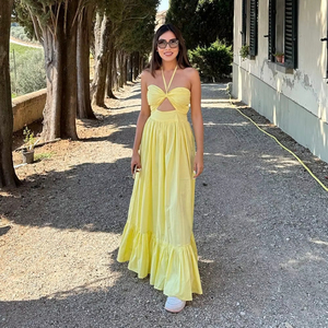 2025 Venta caliente amarillo liso Maxi vestido para mujer sólido 100% rayón cariño suelto ajuste largo Maxi vestido - Product Image 2