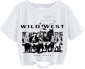 Top corto desgastado con gráfico Sun Moon para mujer, camiseta de manga corta rasgada de gran tamaño - Product Image 1