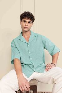 Camisa de hombre de gran tamaño de media manga de algodón 100% de alta calidad, transpirable, sostenible con patrón de estampado teñido de hilo, hombro caído - Product Image 6