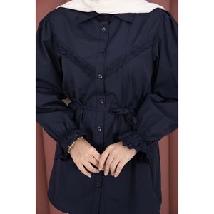 Camisa Azul Marino para Mujer, Detalle de Cordones, Tela de Popelina de Algodón, Talla XL, Decoración con Bordado Fisto, Botones, Larga/Corta/Primavera/Otoño - Product Image 4