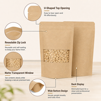 Sachet refermable réutilisable en papier kraft résistant à l'humidité avec fenêtre transparente pour grains de café, noix, aliments pour chats, épices, emballage de stockage