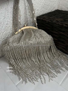 Europe market evening bag Silver glass beads embroidery Unique shape evening bag Elegant design with strap - Product Image 1