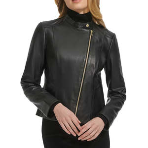 Veste de moto coupe ajustée à fermeture éclair asymétrique pour femme en cuir véritable noir matériel doré élégant vêtements d'extérieur polyvalents pour toutes les saisons - Product Image 6