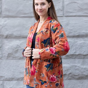 Manufacturer and Wholesale Velvet Kimono Cotton Kimono Robe Jacket Short Velvet <b>Cardigan</b> Short Kimono Jacket Bird Print - Product Image 6