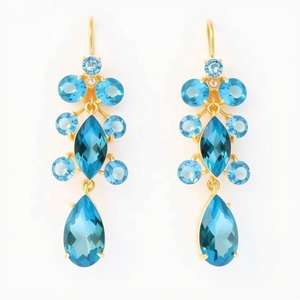 Boucles d'oreilles pendantes multiformes en topaze bleue hydro pour femmes |   Boucles d'oreilles pendantes en argent sterling 925 plaqué or 18 carats |   6 pouces |   18 grammes - Product Image 1