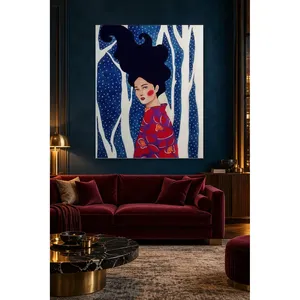 Impression sur toile Fida Navy Tree Trunks Girl in Red Kimono - Product Image 3