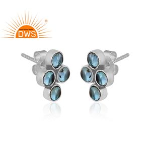 Latest Design Oxidized Sterling Silver Natural <b>Blue</b> Topaz Gemstone <b>Stud</b> <b>Earring</b> Custom Jewelry Manufacturer - Product Image 2