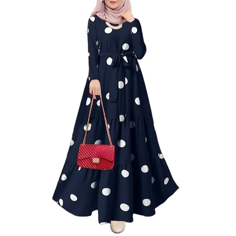 Vier Jahreszeiten Frauen Islamische Kleidung Abaya Großhandel Frauen White Dot Arab Kaftan Langarm Maxi kleid Ethnische Islamische Kleidung