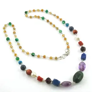 Collar de Cuentas con Múltiples Piedras Preciosas para Mujer, Cadena de Plata de Ley Estilo Bohemio, Cuarzo, Ágata, Coral, Concha, Turquesa, Concha Religiosa - Product Image 1