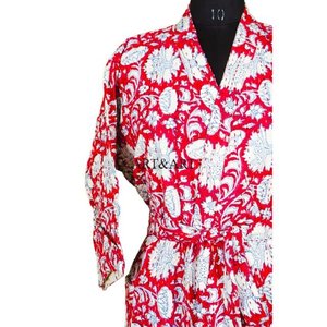 Kimono de Lujo de Primera Calidad, Elegante Bata de Baño Kantha para Mujer, Diseño Floral de Longitud Completa, 100% Algodón, Ropa de Dormir Hecha a Mano - Product Image 4