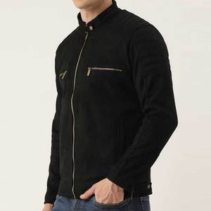 Men's Black <b>Suede</b> Bomber <b>Jacket</b> Stand Collar Zipper Closure Casual Autumn Wear Regular Fit Solid Color Men's <b>Leather</b> <b>Jacket</b> - Product Image 3