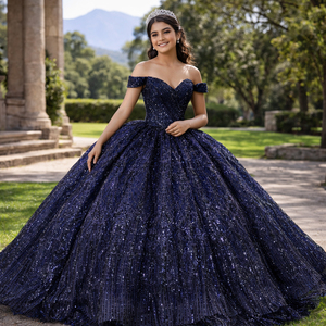 Jancember 5675 Impresionante <span class=keywords><strong>Vestido</strong></span> de Quinceañera <span class=keywords><strong>Azul</strong></span> <span class=keywords><strong>Marino</strong></span> con Hombros Descubiertos para Niñas - Product Image 1