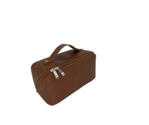 Bolsa de maquillaje Bolsa de cosméticos versátil con logotipo Material de PU marrón claro Bolsa de cosméticos de maquillaje de gran capacidad - Product Image 3