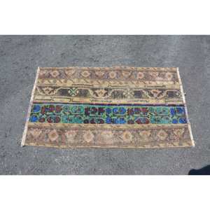 Tapis Turc Vintage 2.3x3.9ft Bleu Beige Plat Tissage Laine Patchwork Design pour Salon ou Couloir Décorations - Product Image 3