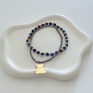 Pulsera de moda de doble capa con colgante de oso de acero inoxidable chapado en oro y pulseras con abalorios de cristal de colores Esmeralda - Product Image 3