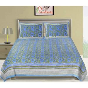Blue Jaipuri Hand Block Print 240 TC Cotton Super <b>King</b> <b>Size</b> Double Bed <b>Sheet</b> with 2 Floral Pillow Covers Eco-Friendly (ALDB1004) - Product Image 1