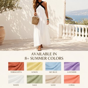 Abito Elegante in Cotone e Lino <span class=keywords><strong>con</strong></span> Scollo Incrociato, <span class=keywords><strong>Vestito</strong></span> Lungo Semplice <span class=keywords><strong>con</strong></span> <span class=keywords><strong>Spalline</strong></span> Larghe - Product Image 4