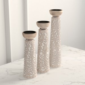 Encantador portavelas de madera grabado a mano en blanco Wash Trending Pillar Candle Stand para una decoración única y elegante para el hogar - Product Image 1