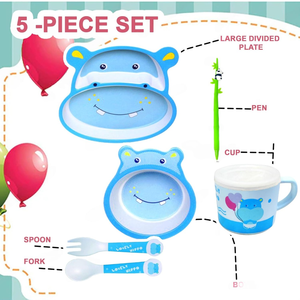 Adorable Ensemble de Vaisselle pour Enfants en Fibre de Bambou Motif Hippopotame de Dessin Animé, 5 Pièces, Comprend Couverts et Baguettes, Design Imprimé pour Repas Bébé et Enfants - Product Image 4