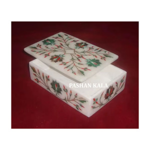 La plus belle boîte à bijoux en marbre blanc incrusté multicolore à la main conception de fleurs meilleure qualité en forme de rectangle utilisée pour la décoration intérieure - Product Image 1
