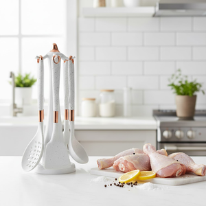7-<b>PC</b> Nonstick Silicone Kitchen Utensil Set with White Dotted Handle BPA Free Heat Resistant Food Grade Easy Clean Hand Wash Only - Product Image 4