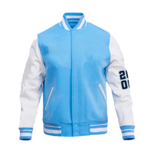 Men's Light Blue <b>White</b> Varsity <b>Jacket</b> Preppy Style Turn-down Collar Regular Sleeve Heat-Transfer Printing Left Sleeve Logo - Product Image 1