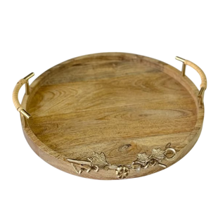 Elégant plateau rond en bois pour table basse et plateau de service Plateau de service rond en bois de manguier fait à la main avec poignées en feuille d'or - Product Image 1