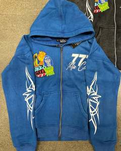 Custom Zip up Sweatsuit Applique Patch <b>Embroidery</b> Distressed Hoodie Jogging Tracksuit Flared Sweatpants and Hoodie <b>Set</b> - Product Image 3