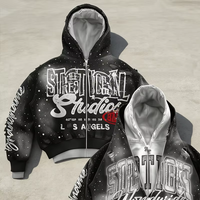 Sweat à capuche zippé pour homme, imprimé graphique personnalisé, orné de strass, style streetwear vieilli, coupe oversize, noir vintage, en tissu épais, pour fabricants et grossistes