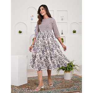 Vestido Estampado de Algodón Jaal Blanco Gris - Casual Elegante ODM Cintura Elástica Transpirable XS 5XL para el Día de San Valentín, Salidas a Club, Cualquier Día! - Product Image 5