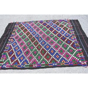 Alfombra Kilim Vintage de 4.9x7.6 pies, Alfombra Turca Marroquí Azul con Parches, Lana Ecológica con Respaldo de Látex - Product Image 3