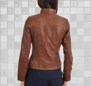 Chaqueta de cuero Mujer Chaqueta de invierno marrón, abrigo de cuero de oveja Bomber, chaqueta de cuero mujer equipada - Product Image 6