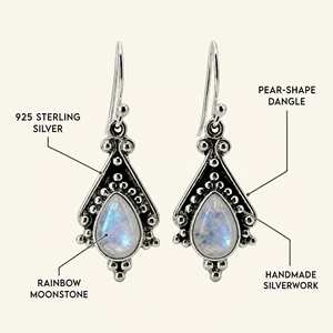 Boucles d'oreilles en pierre de lune arc-en-ciel, bijoux pendantes en argent sterling en forme de goutte - Product Image 4